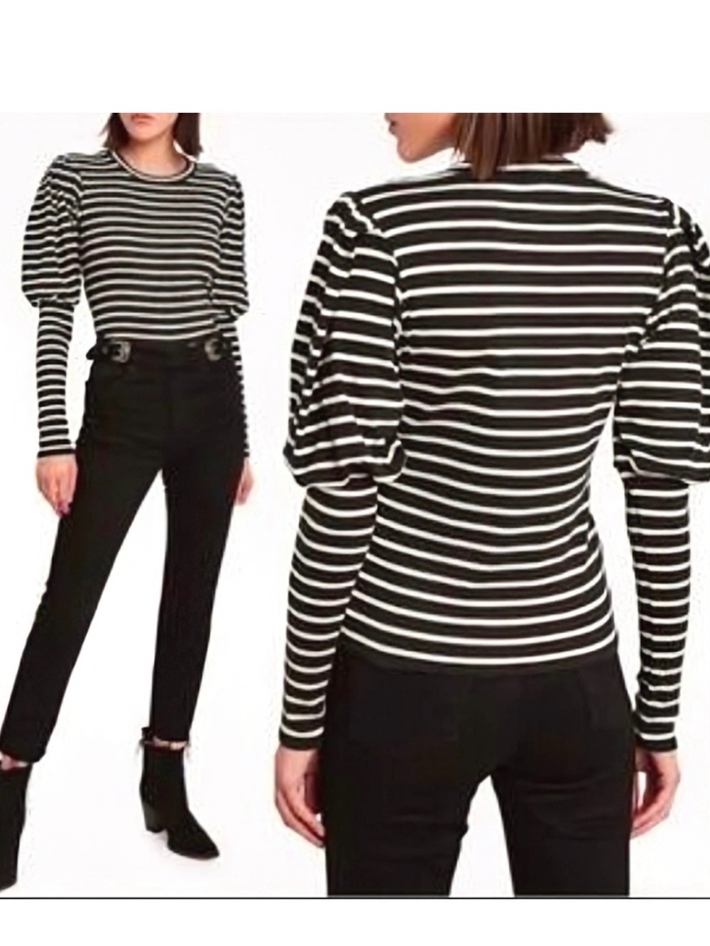 Veronica Beard Lyon Stripe Puff Sleeve Long XSmall Ribbed Black White Shirt Top